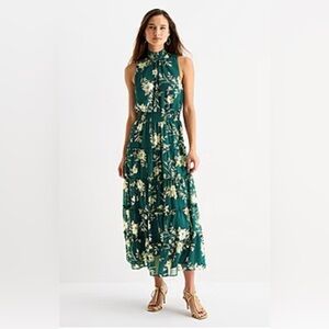 NWT Floral Green & Gold sleeveless Maxi Dress MSRP $94